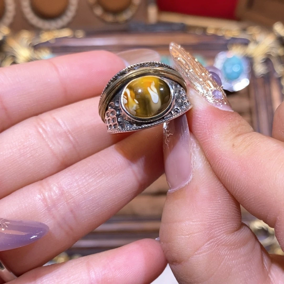 琥珀戒指银S925镶嵌换**字戒指