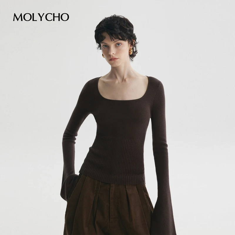 MOLYCHO  |  时髦精B备_法式方领喇叭袖针织衫 修身显瘦毛织上衣