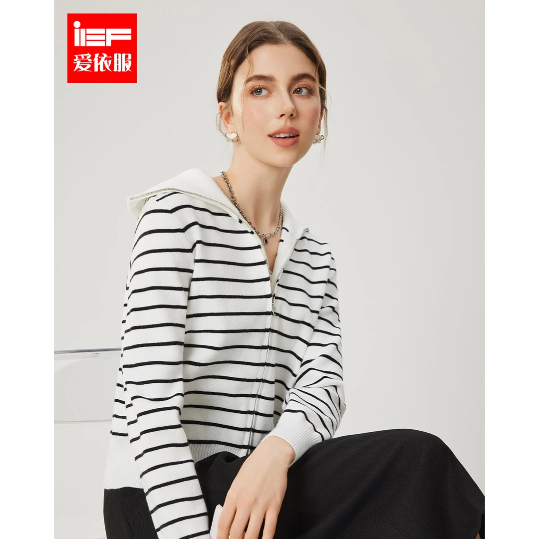IEF/爱依服2025早秋新款条纹显瘦毛织外套老钱风松弛感女装