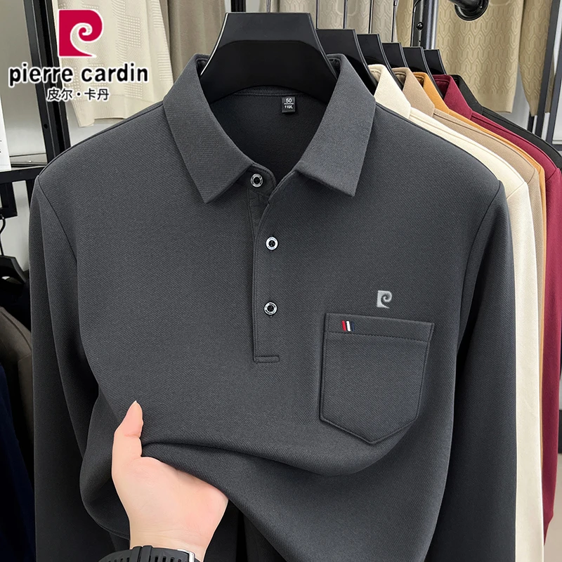 皮尔卡丹羊毛t恤男士长袖上衣秋冬季加厚款商务休闲打底polo衫男