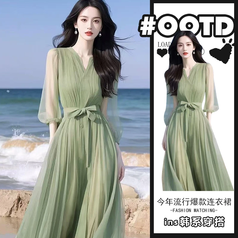 欧美气质度假风中长款连衣裙女2025夏季新款气质收腰减龄A字裙潮
