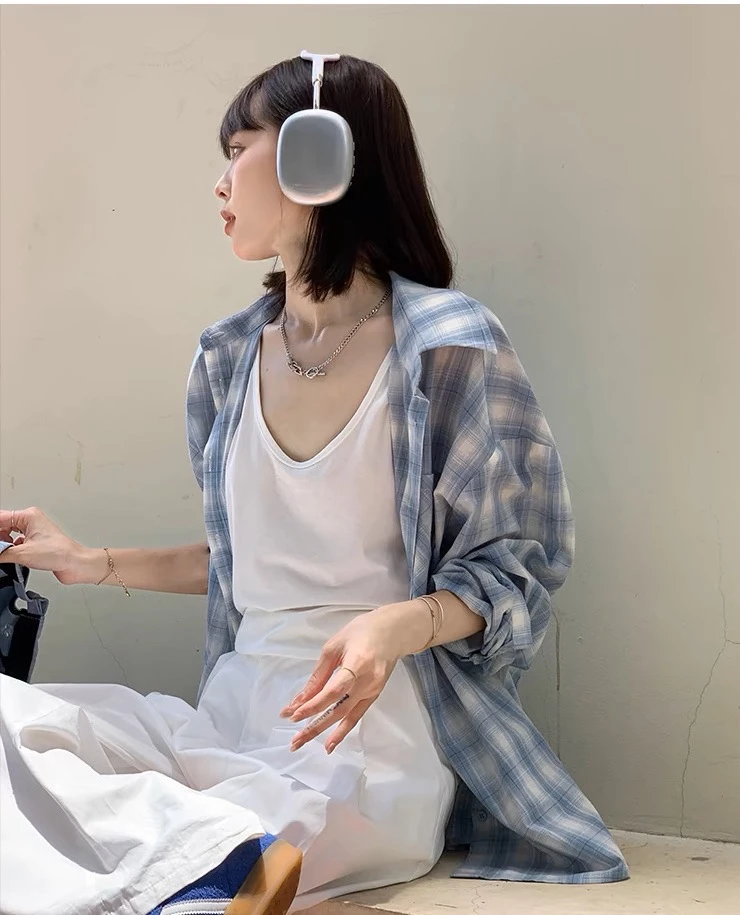 蓝色格子衬衫女早秋宽松休闲新款百搭长袖慵懒中长款防晒衬衣外套