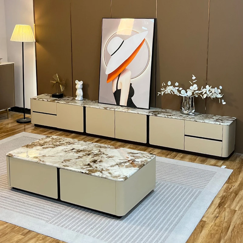 马鞍皮实木大理石落地电视柜茶几天然奢石现代简约别墅高档地柜