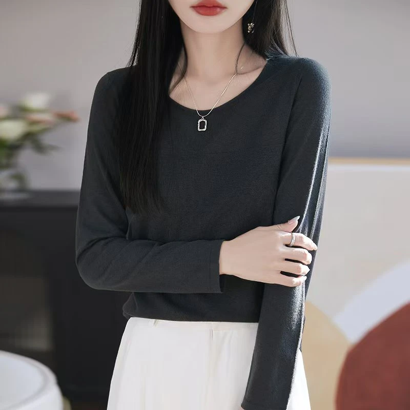 60支精纺羊毛衫圆领四平修身~薄款针织打底衫显瘦百搭女春秋款