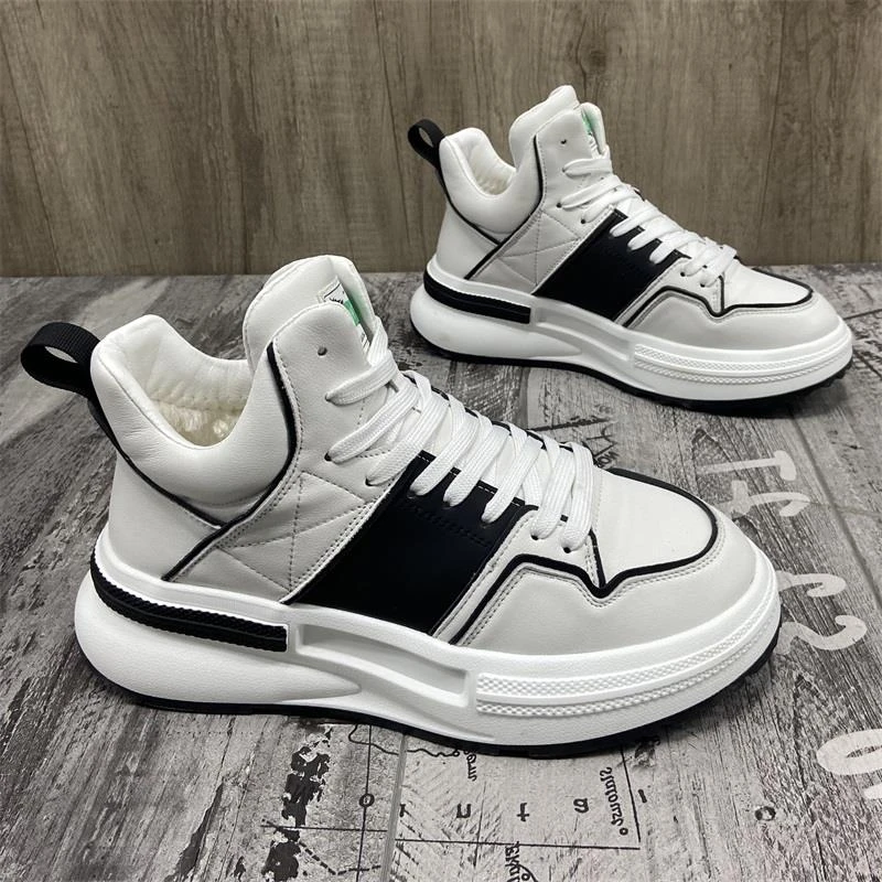 春秋高帮板鞋男鞋2024新款中帮运动休闲鞋厚底百搭小白鞋皮面单鞋