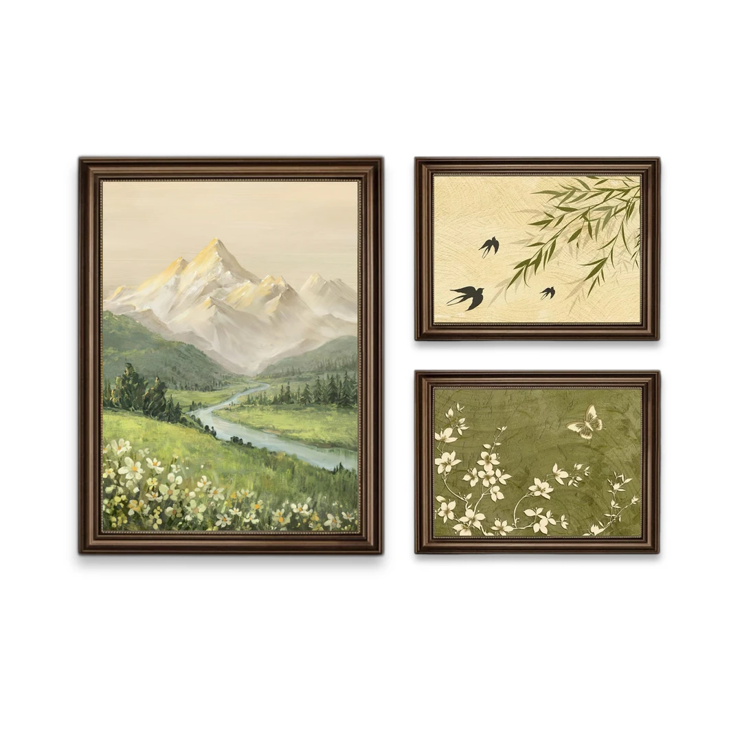 日照金山+竹影清风》客厅三联组合山水大气装饰画复古肌理花鸟画