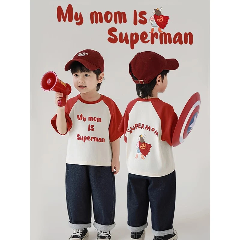 男童女童2025新款洋气圆领半袖T恤宽松休闲百搭印花儿童撞色上衣