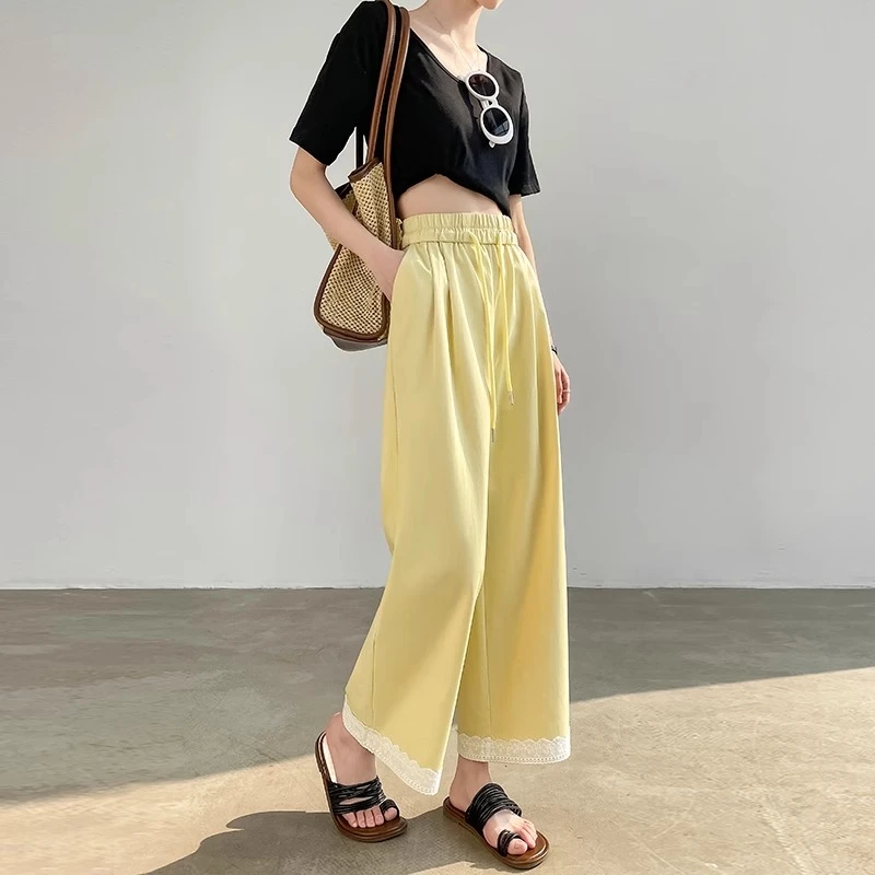 九分蕾丝边阔腿裤女2025春夏薄款高腰显瘦垂感小个子直筒休闲裤潮