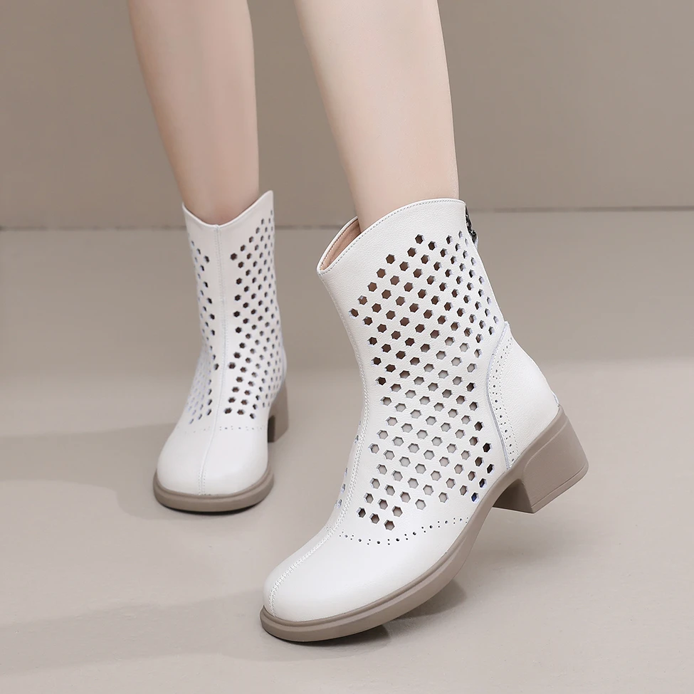 马丁软底真皮牛皮镂空短靴中筒女靴洞洞休闲靴子凉靴新款透气单靴