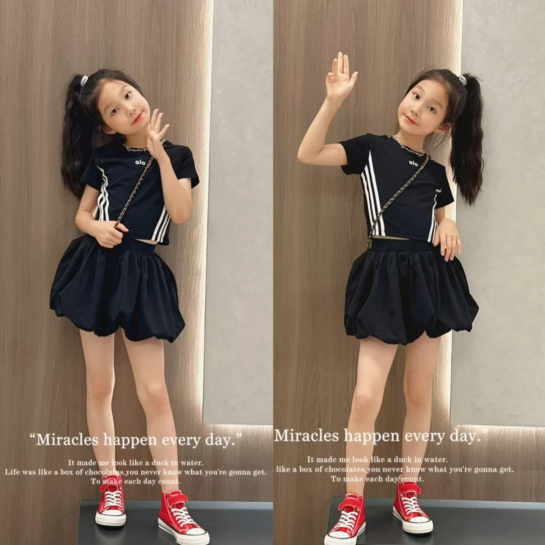 女童夏装2025新款修身T恤短裙两件套中大童洋气花苞裙儿童套装潮