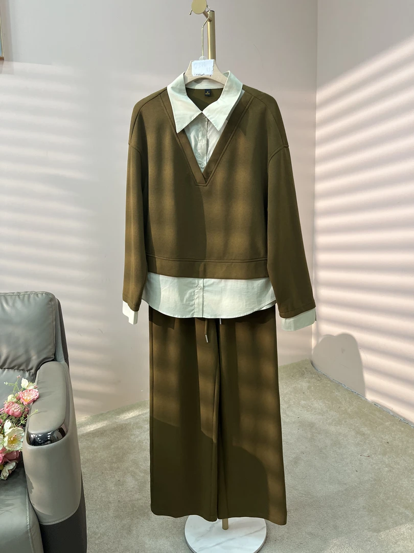 H2758  2025新款翻领长袖休闲运动撞色套装