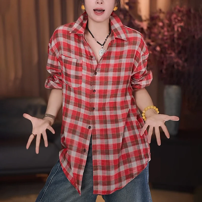 2025早秋新款红色格子长袖衬衫女洋气减龄宽松大码显瘦开衫上衣