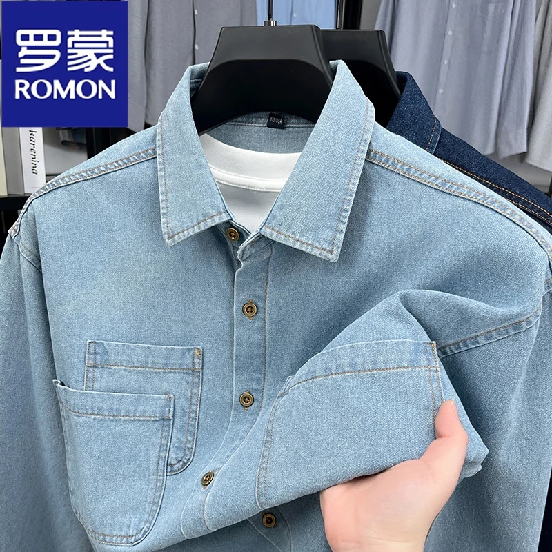 Romon/罗蒙2025春季男士新款时尚休闲纯色工装剪裁牛仔长袖衬衫