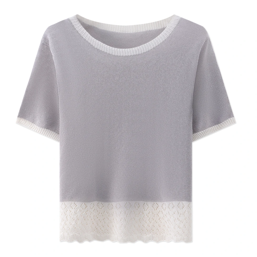 圆领2025新款和纸纱桑蚕丝混纺百搭短袖拼接针织衫上衣7537