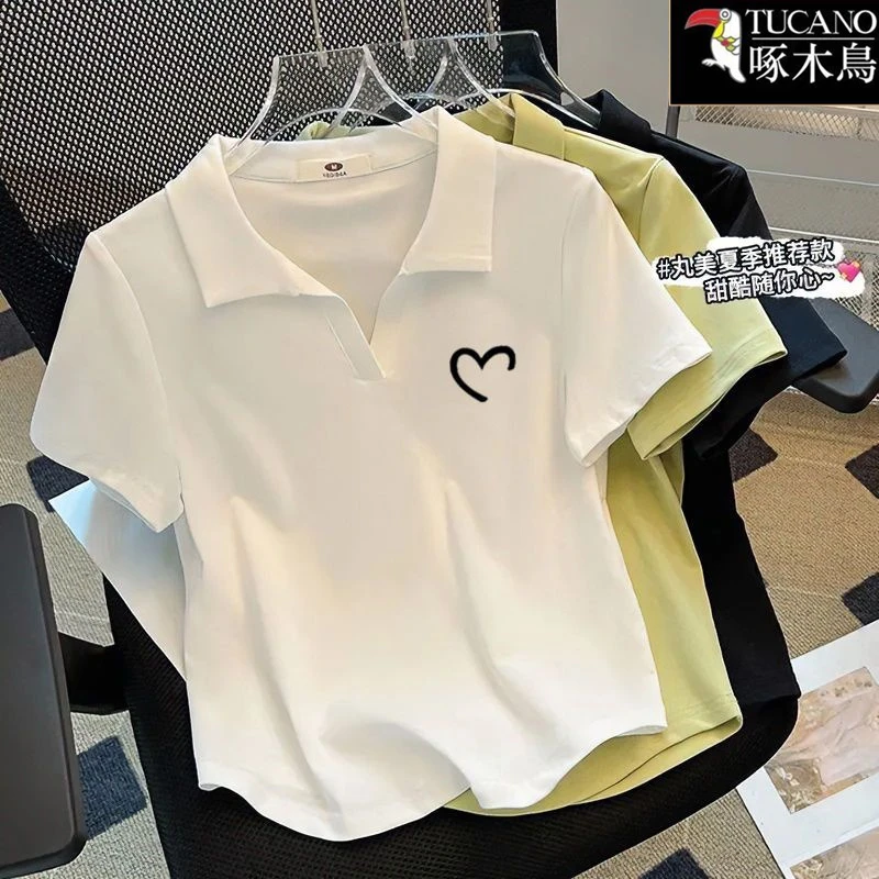 啄木鸟2025年夏季短袖POLO领刺绣T恤新款夏装薄款简约通勤上衣女