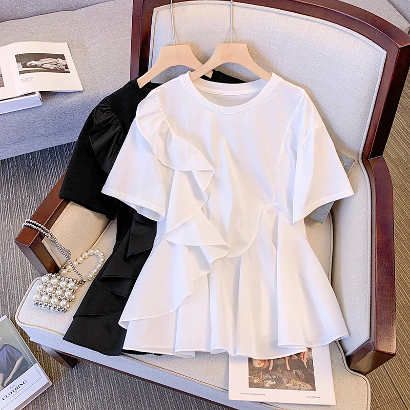 大码女装收腰夏季荷叶边拼接宽松短袖T桖洋气减龄不规则气质上衣