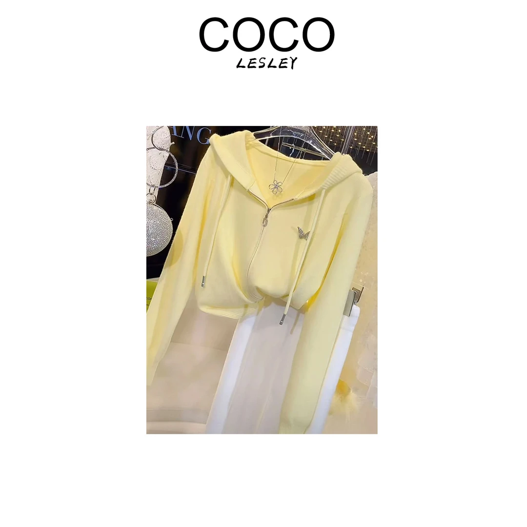 【COCO LESLEY】连帽双拉链长袖针织开衫时尚洋气百搭外套上衣3755