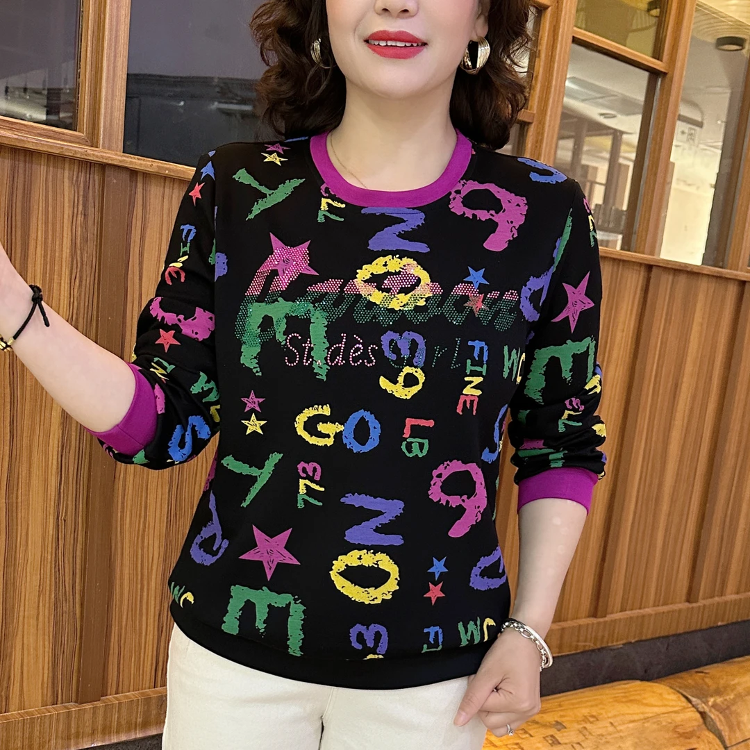 2025年春季新款长袖百搭圆领卫衣女潮流字母印花宽松气质上衣T恤