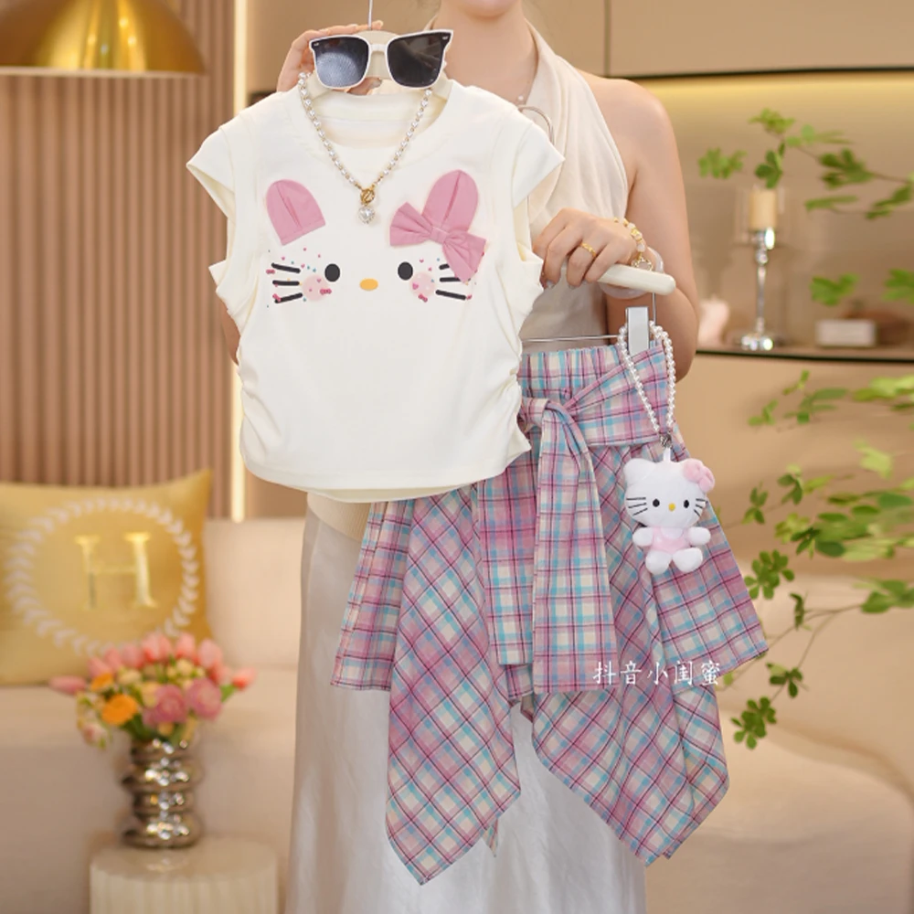 【闺蜜家】女童2025夏季新款可爱卡通背心上衣+格子短裙套装-8506