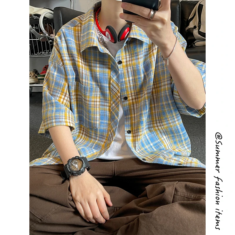 复古日系格纹翻领短袖衬衫夏季男生休闲百搭上衣外套港风潮流衬衫