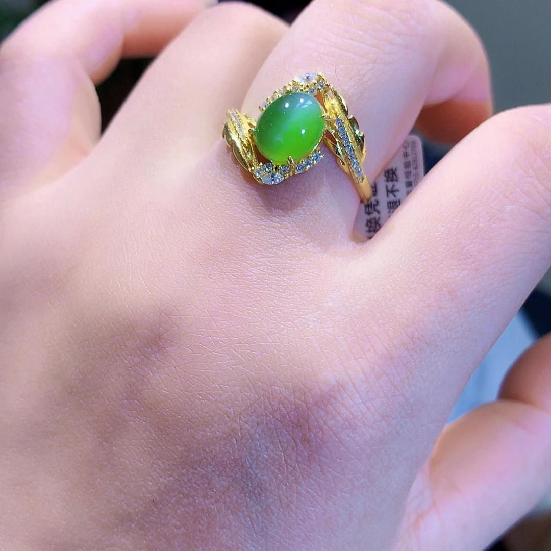 和田玉（碧玉）戒指银S925镀金镶嵌