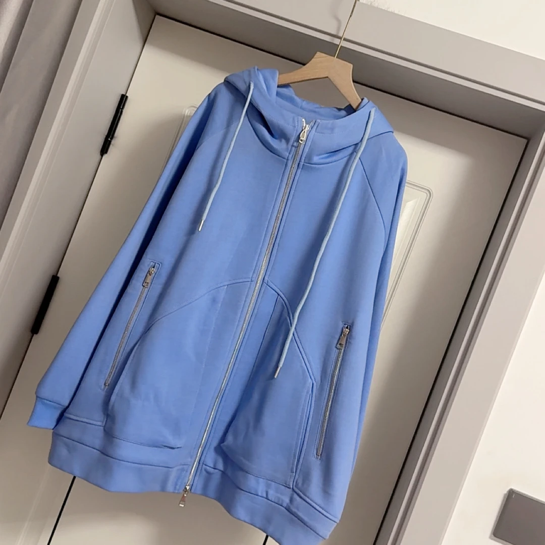 28591大码纯棉连帽拉链长袖外套胖妹妹2025纯色简约百搭开衫外套