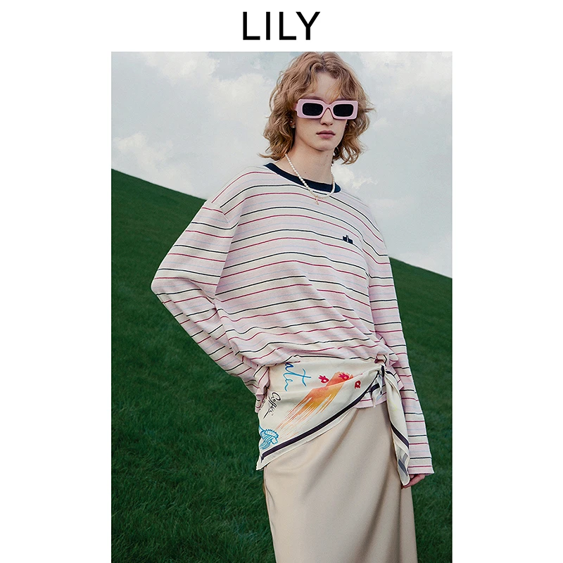 【轻薄透气】LILY2025含苎麻撞色条纹针织衫125109TK903