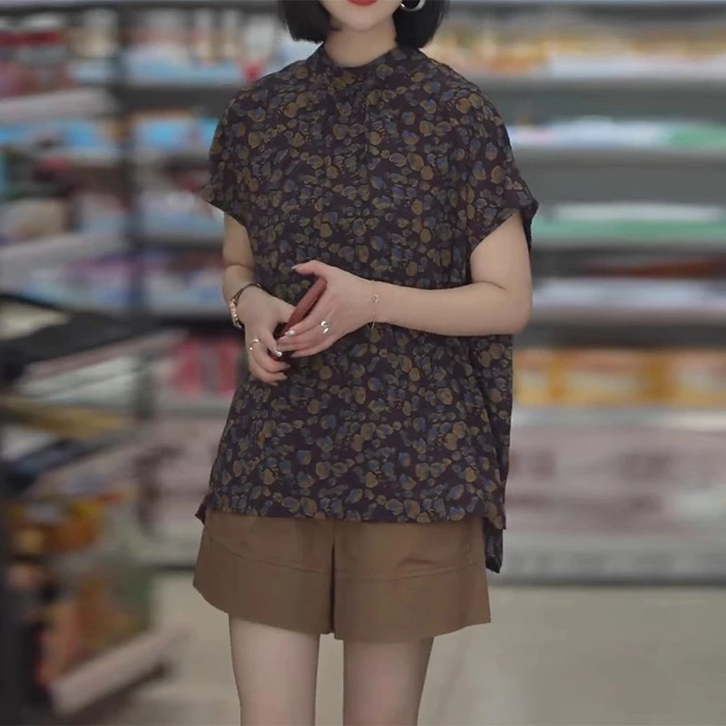 复古碎花立领短袖衬衫设计感上衣套装女2025新款夏季显瘦短裤套装