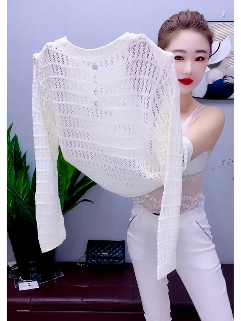 法式复古软糯宽松慵懒风针织衫高级感绝美白色镂空毛衣罩衫女秋季