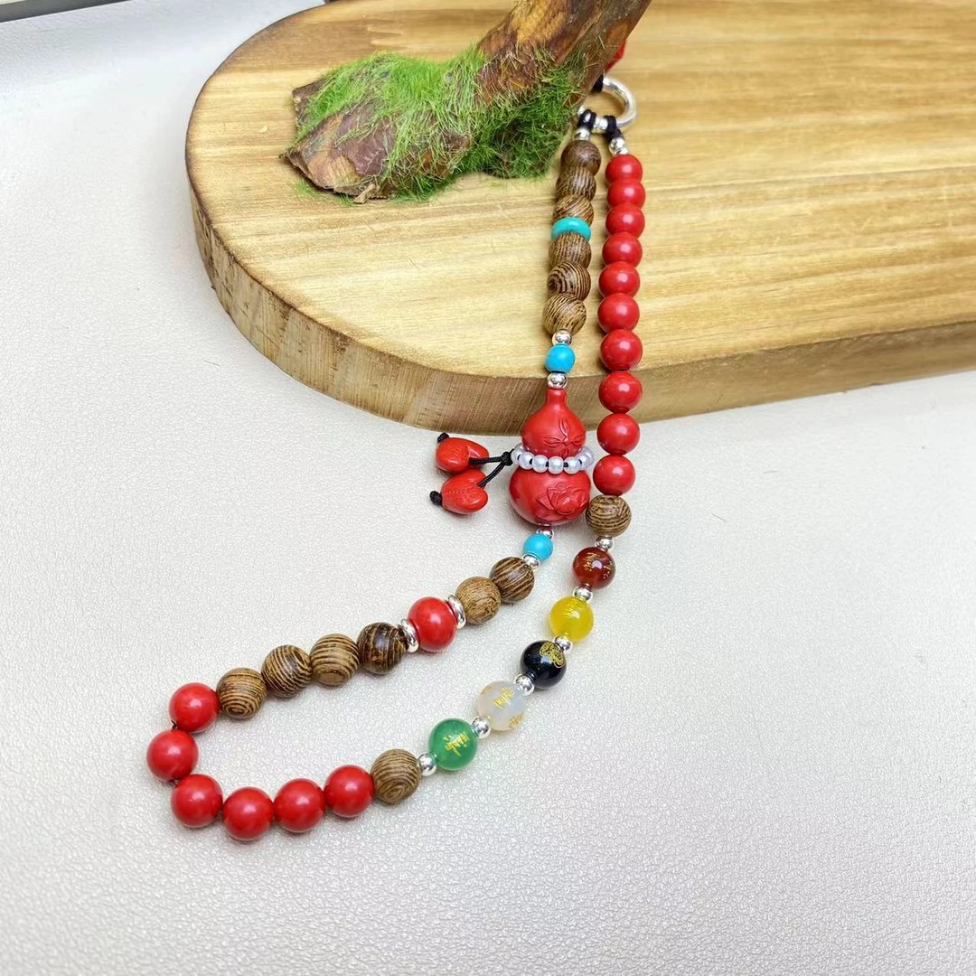 含辰砂工艺品高含量朱砂红砂设计款福禄双全葫芦手机链五路财神珠
