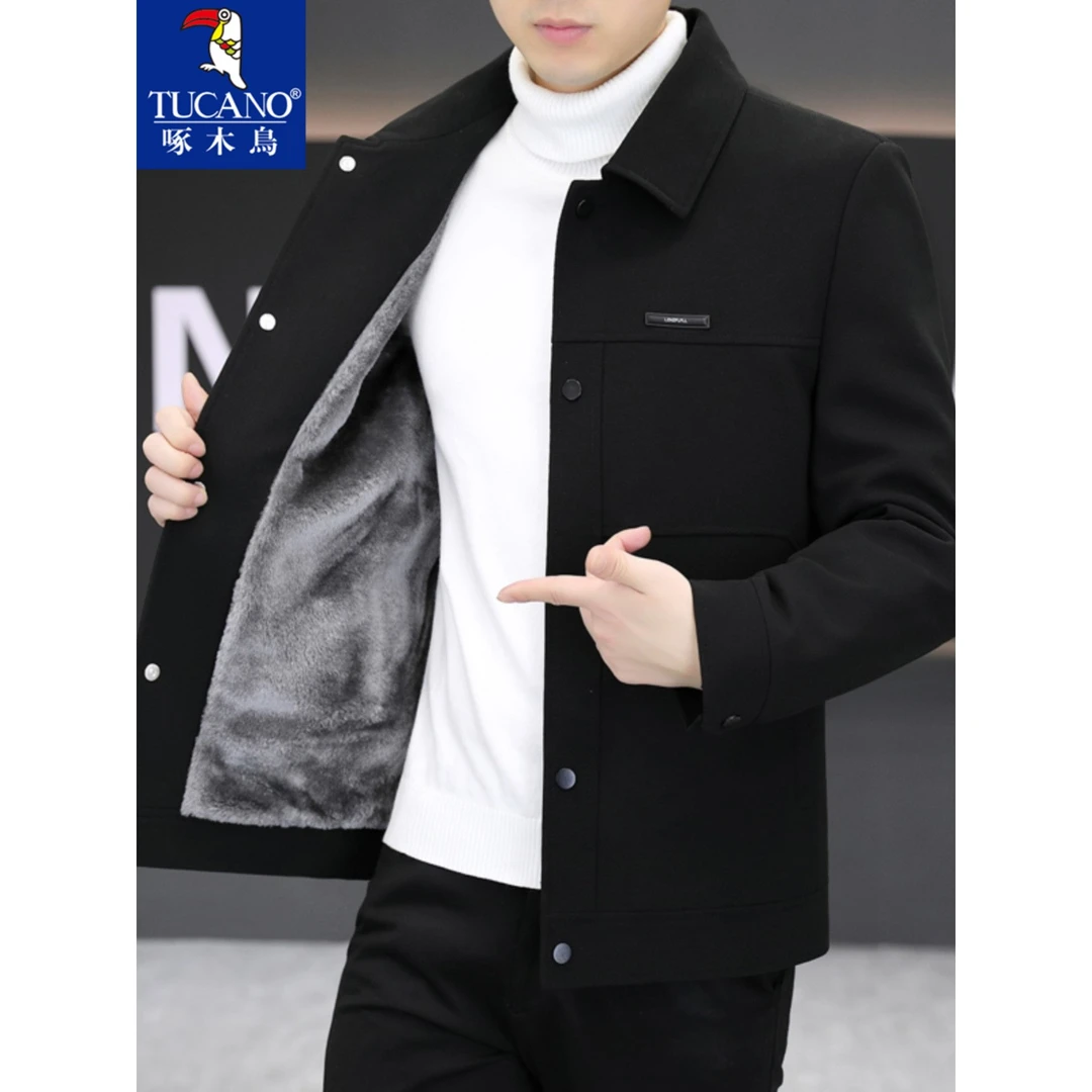 啄木鸟秋冬丝绒翻领行政夹克中青年男士高级干部服加厚保暖夹克