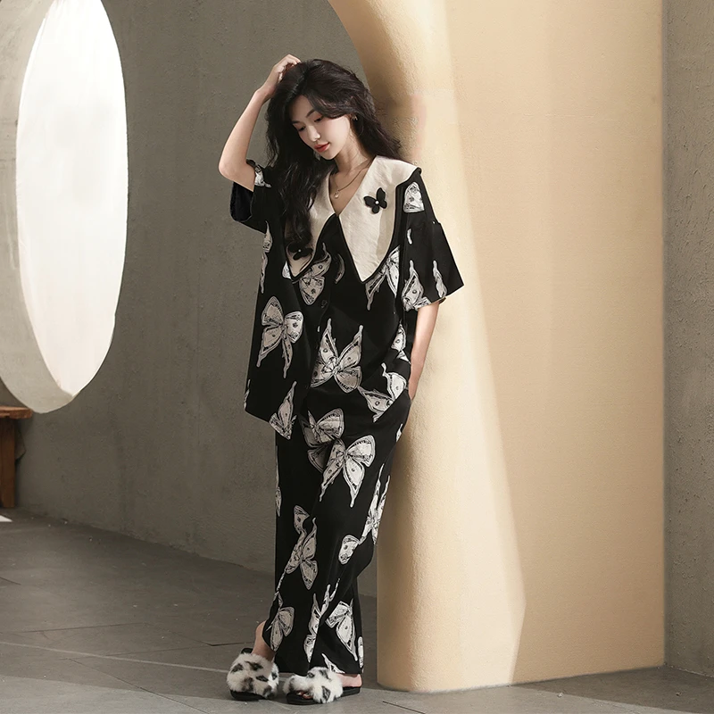 新款睡衣女夏季短袖长裤家居服套装透气凉感女生夏季时尚可外穿