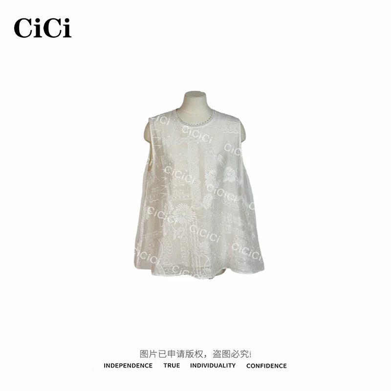 【CiCi酱】云端 夏季重工刺绣洋气白色无袖背心宽松上衣 C25T60471