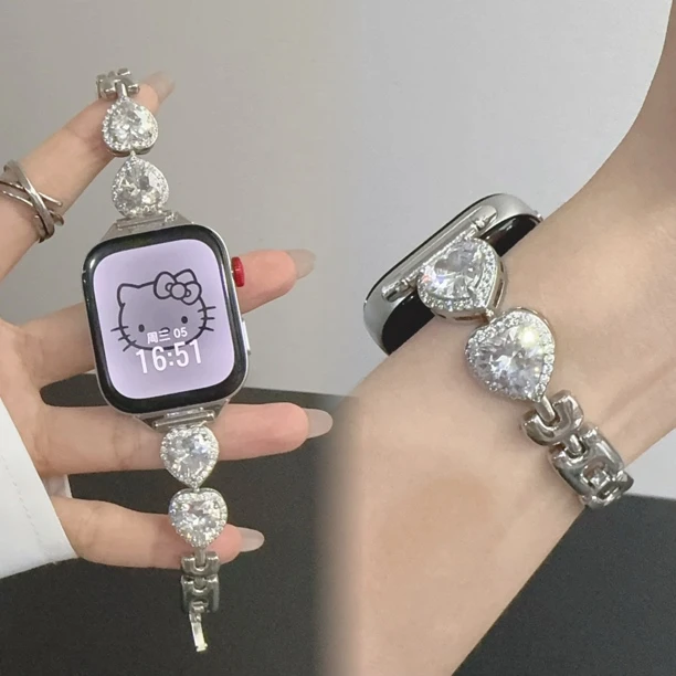 表带适用华为fit3氛围感满钻华为手环10/9/8代爱心锆石替换表链