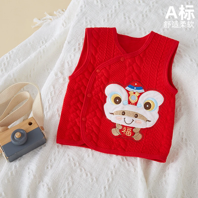 红色宝宝保暖马甲春秋婴儿夹棉外套薄棉马夹新生儿过年儿童小背心