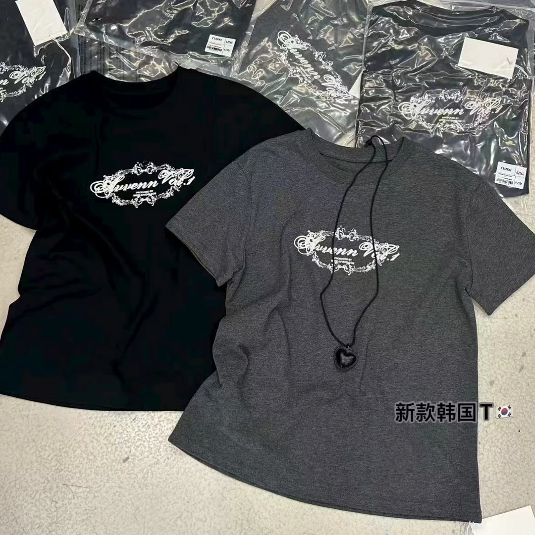 阿玉家&秋季圆领短袖简约款百搭宽松休闲字母印花T恤#9083