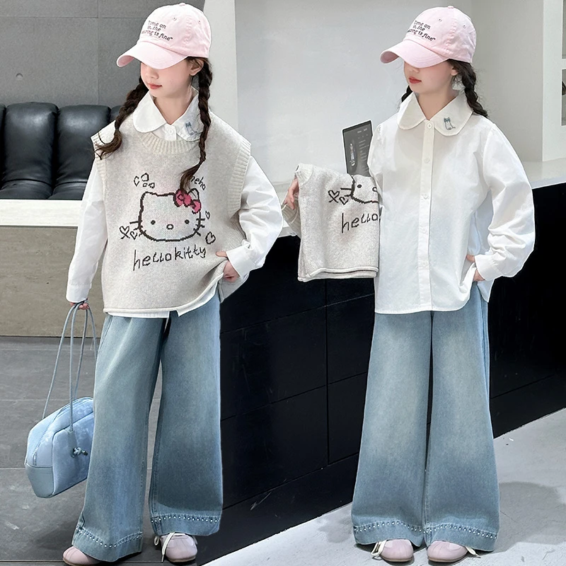 女童春装毛线马甲三件套儿童洋气韩版宽松休闲套装中大童时髦百搭