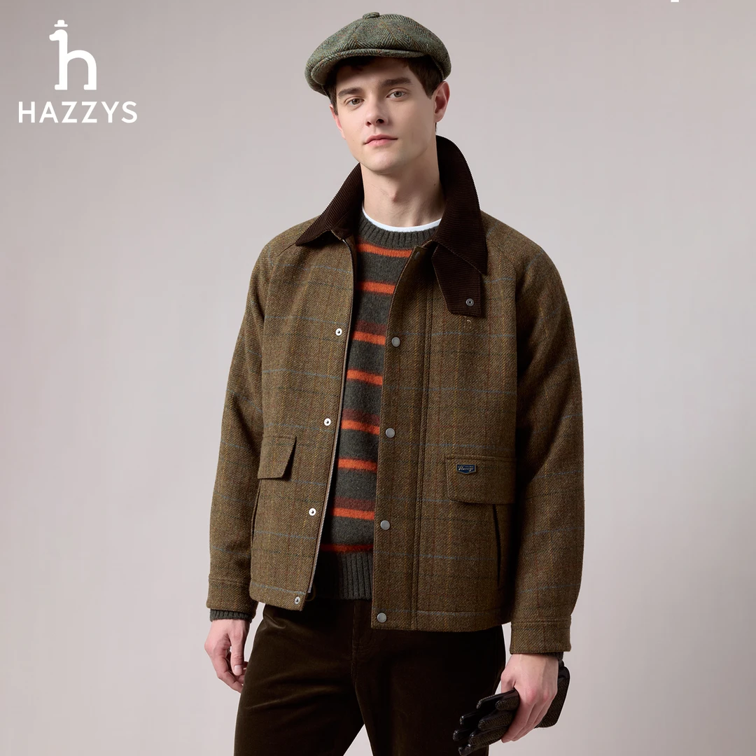 【商场同款】HAZZYS哈吉斯冬季男士毛呢外套时尚休闲羊毛夹克衫