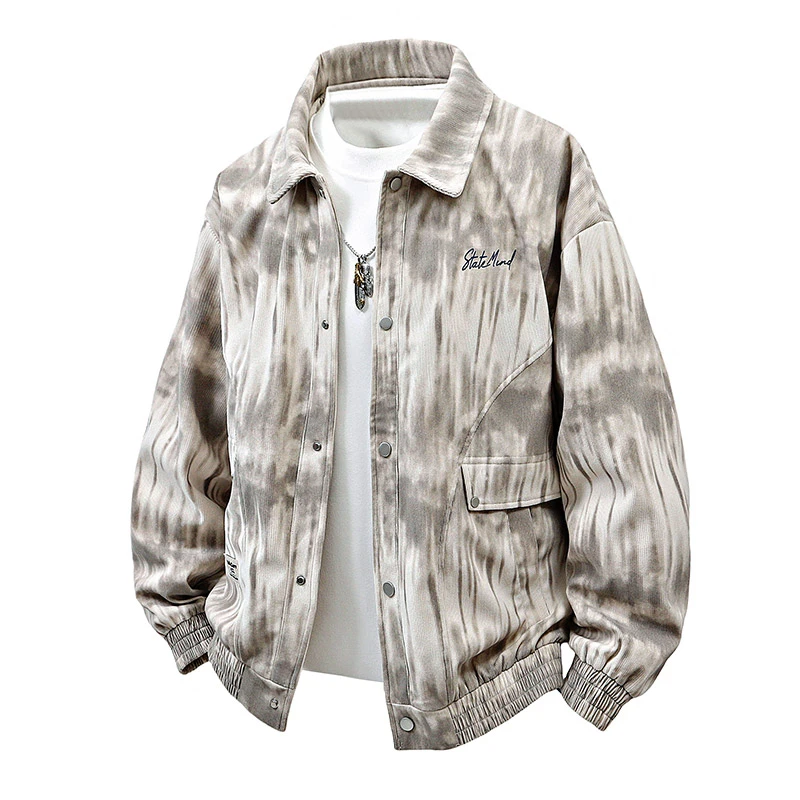 新款复古休闲潮牌翻领大码夹克男士春季潮牌宽松设计感开衫外套