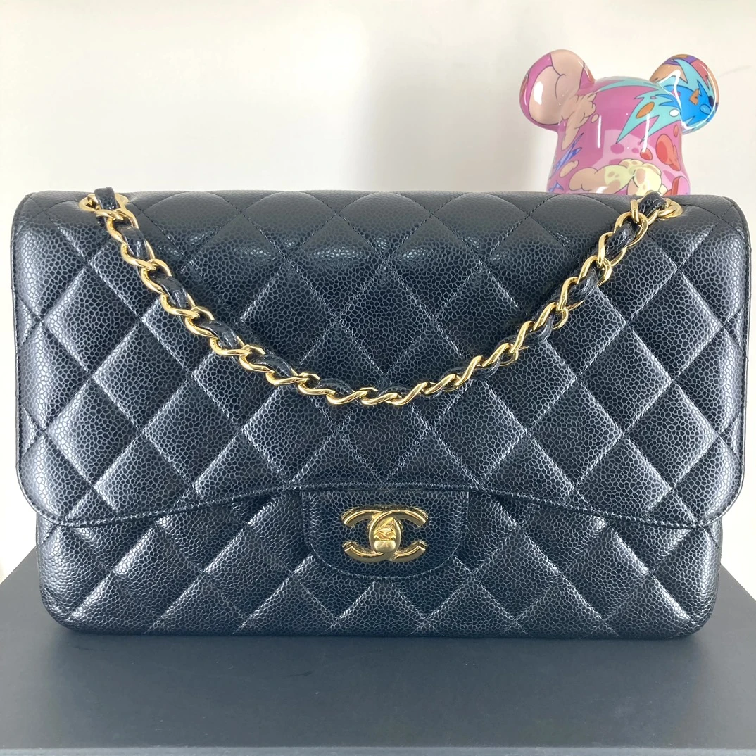 99新 Chanel/香奈儿 Chanel 香奈儿CF大号 jumbo黑金牛皮荔枝纹