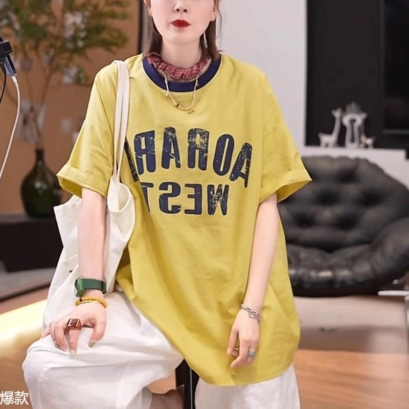 潮牌字母印花亚麻中长款短袖恤女2025夏季新款百搭显瘦宽松上衣