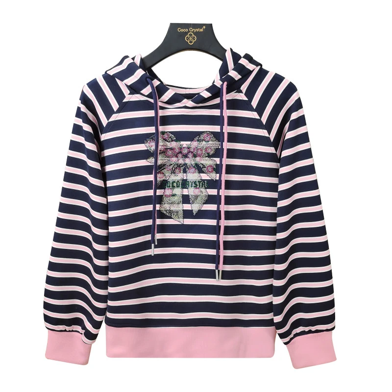 花束蝴蝶结图案条纹连帽加厚卫衣-30210