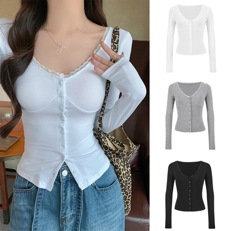 Moses Queen/魔西女王纯欲蕾丝拼接V领长袖开衫修身辣妹短款上衣