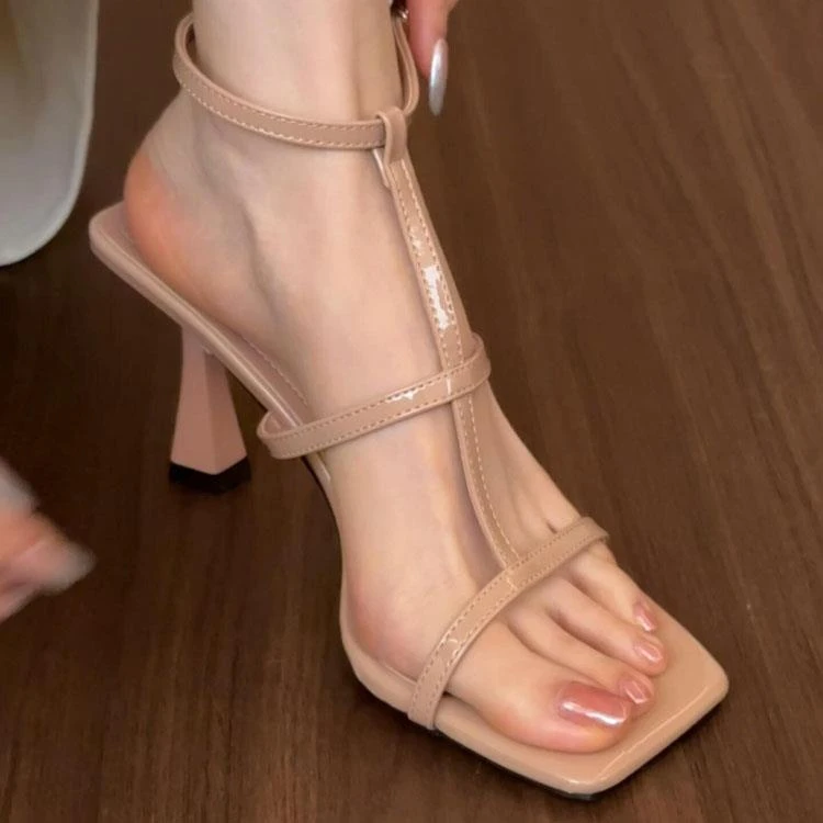 【轻奢女鞋】羊皮版！~百搭一字带高跟罗马凉鞋2025夏季新款仙女