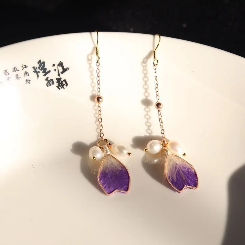 铜合金仿珍珠耳饰 古风掐丝绒花耳饰耳环仿点翠长流苏珍珠耳坠简