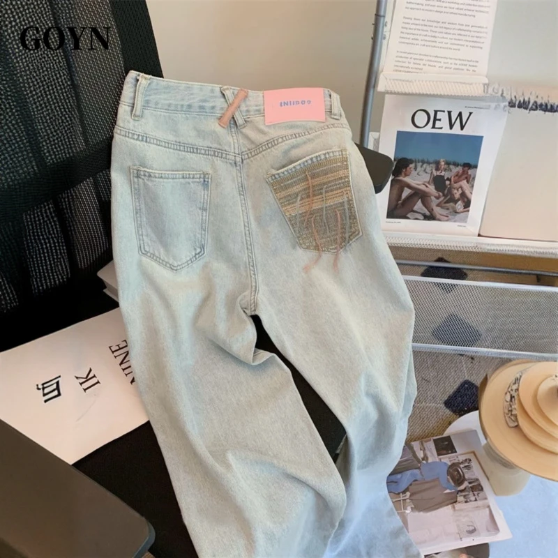 GOYN春夏季男士高级感美式破洞牛仔裤潮流男装宽松阔腿直筒休闲裤