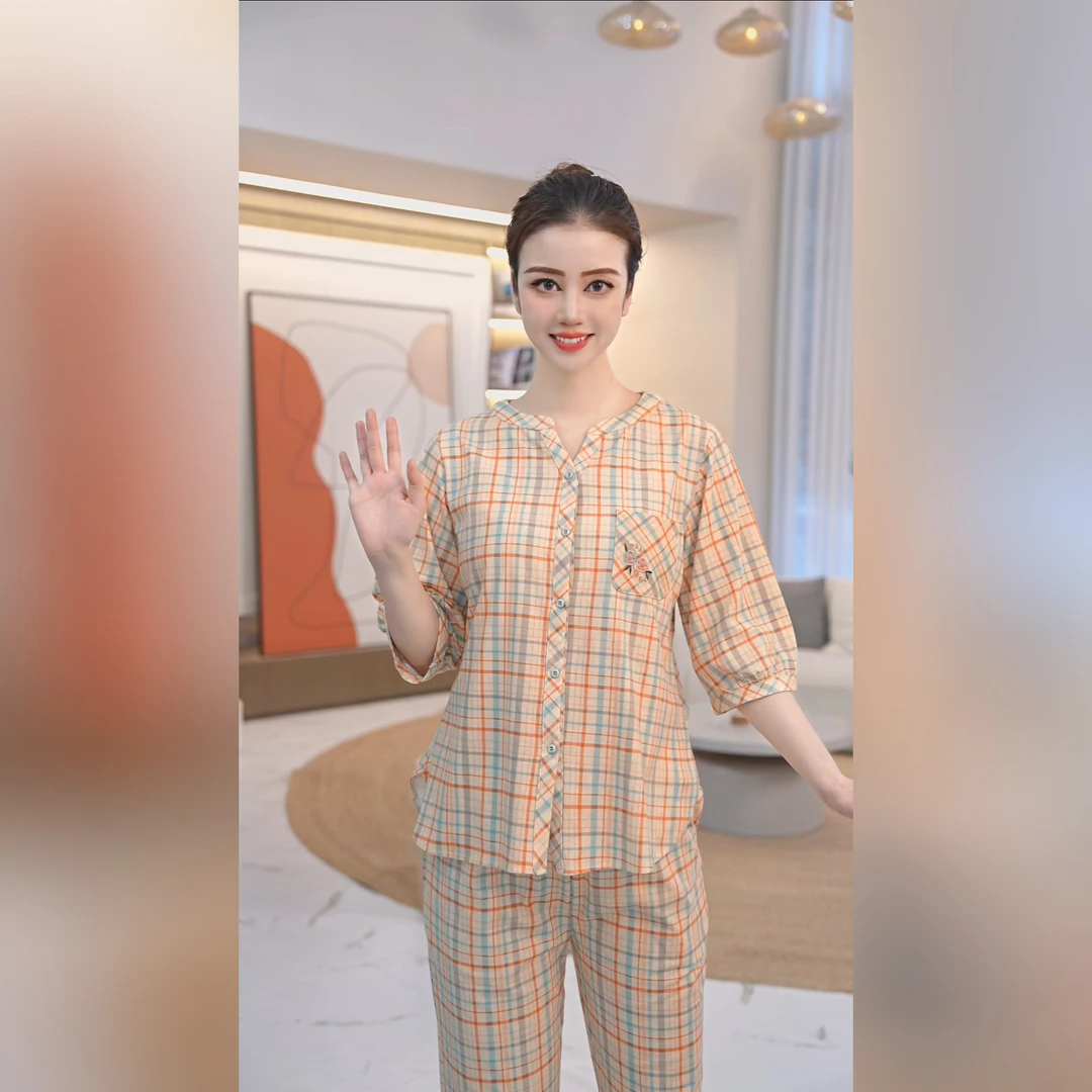 秋鹿春夏杏子格纹七分袖九分裤女套春秋季睡衣格子时尚