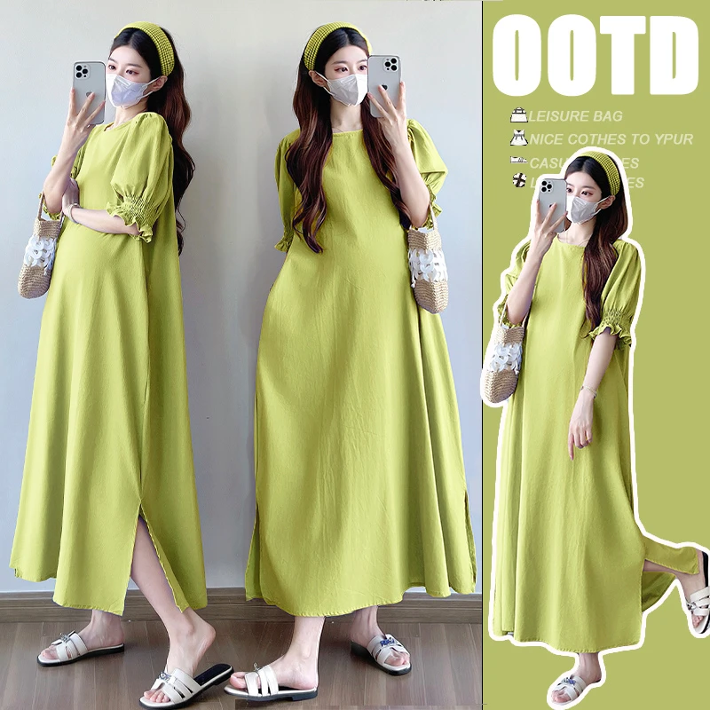 2025孕妇装慵懒风简约时尚侧边开叉连衣裙圆领中长款泡泡袖裙