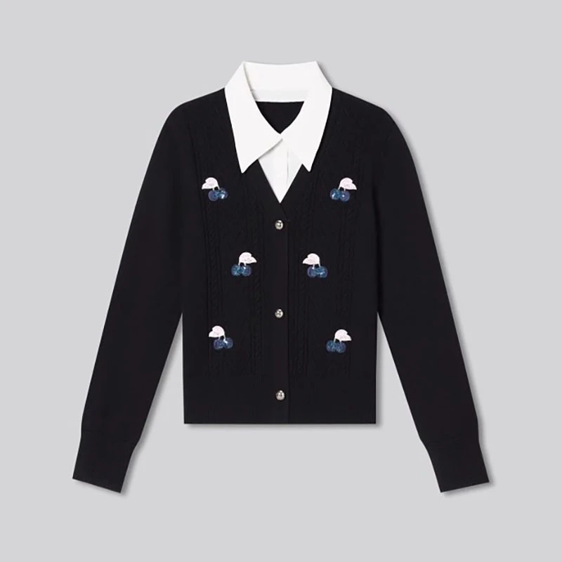 【千韵伊然】休闲时尚经典印花黑色假两件针织衫上衣2482