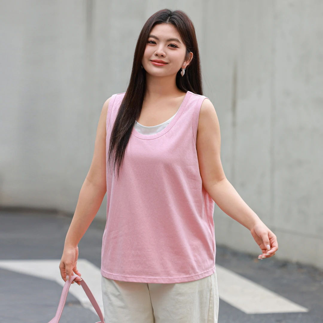 【假两件撞色拼接U领针织背心】MsShe大码女装2025新款秋装M2506008